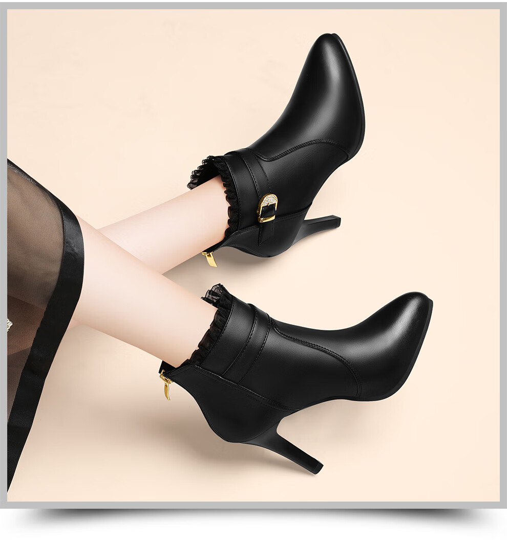 细跟真皮高跟鞋女加绒尖头春秋冬款百搭中跟粗跟女士皮鞋冬天黛立香