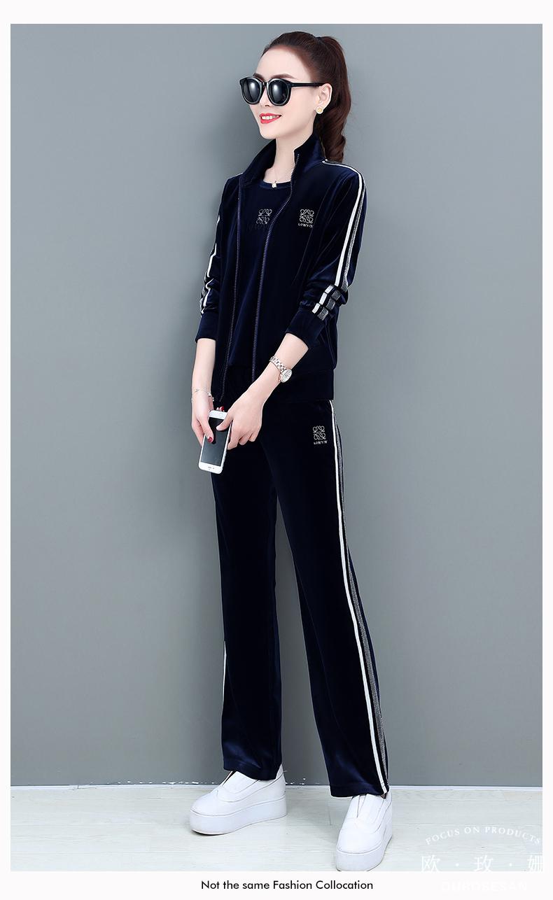品牌金丝绒套装女春秋2021新款时尚宽松直筒裤天鹅绒休闲运动服三件套