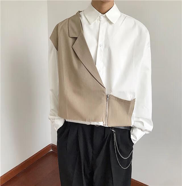 春秋季拼接男女韩版不规则设计感宽松西装马甲衬衣潮流junce男女款in