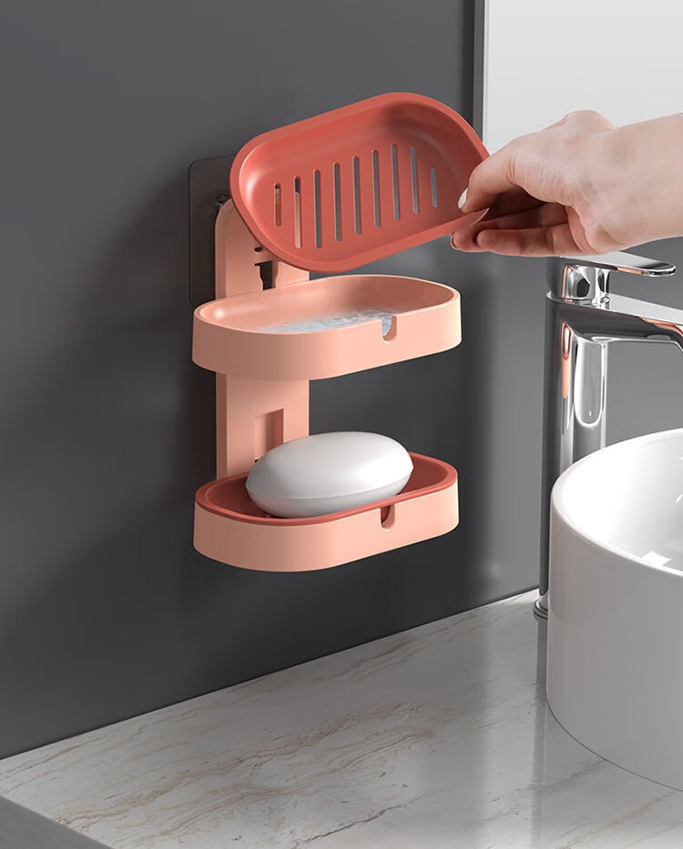 皂盒架子沥水卫生间创意免打孔置物架家用壁挂式双层香皂盒带盖墨绿1