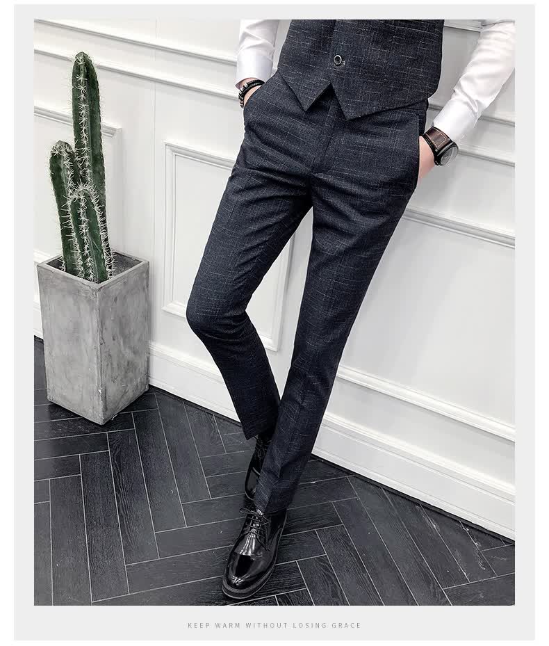 西装修身韩版新郎结婚礼服大码休闲格子正装灰色两件套西服裤子4xl