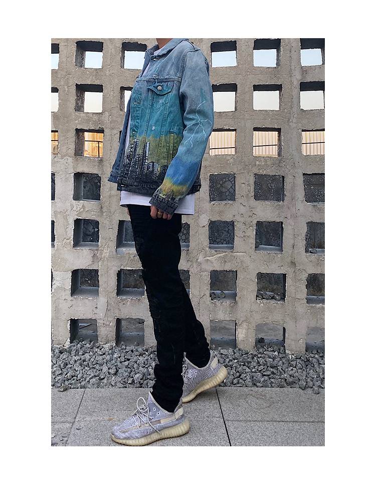 amiri牛仔外套男三头龙基多拉恐龙水洗破洞扎染牛仔开衫夹克男秋冬季