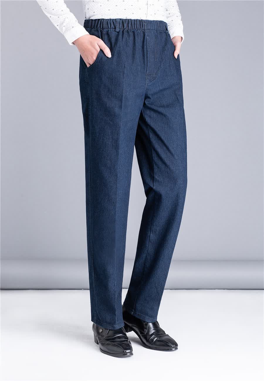 春秋季中老年男式士宽松直筒牛仔裤深档高腰爸爸长裤松紧腰休闲裤