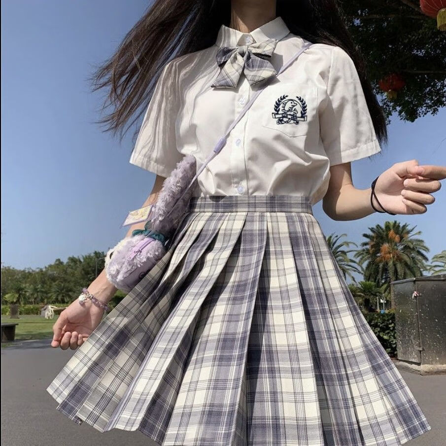 衬衫日系学院风格子短裙百褶裙套装dd 白短衬衫 星野格裙 领结 衣架 m
