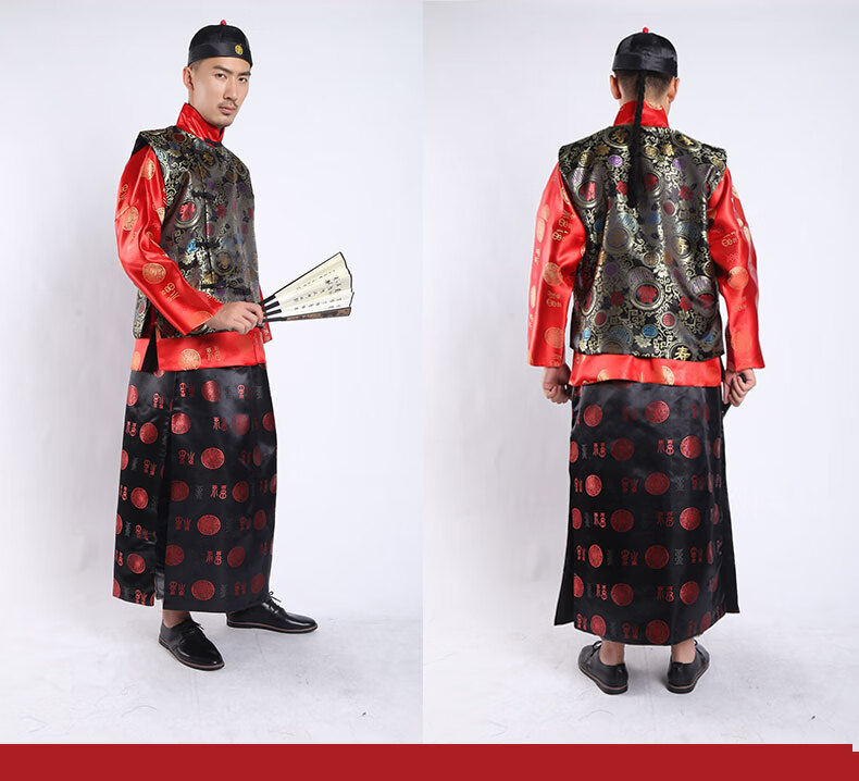 民国中式唐装地主服装复古代长衫演出服套装清朝财主老爷衣服喜庆 黑