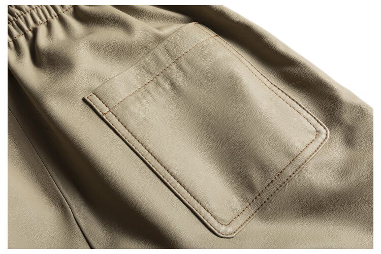 真皮短裤新款宽腿高a级小羊皮女皮裤松紧腰时尚裤子直筒裤 利休白茶色