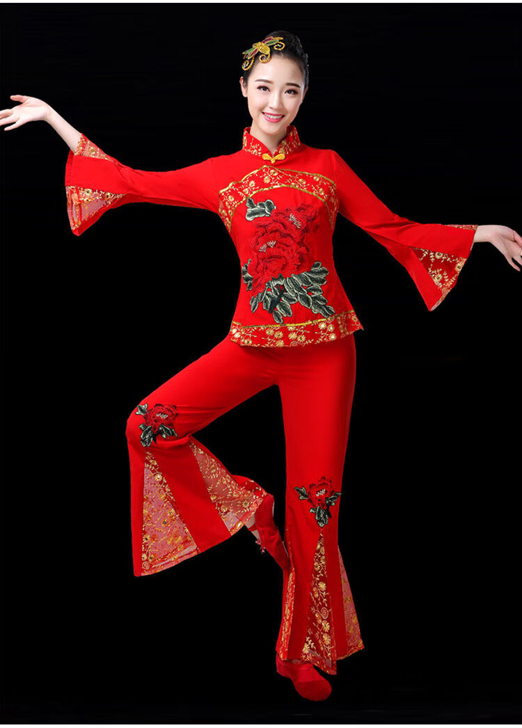服演出服新款成人喜庆民族腰鼓服古典舞扇子舞广场舞蹈套装女l红色