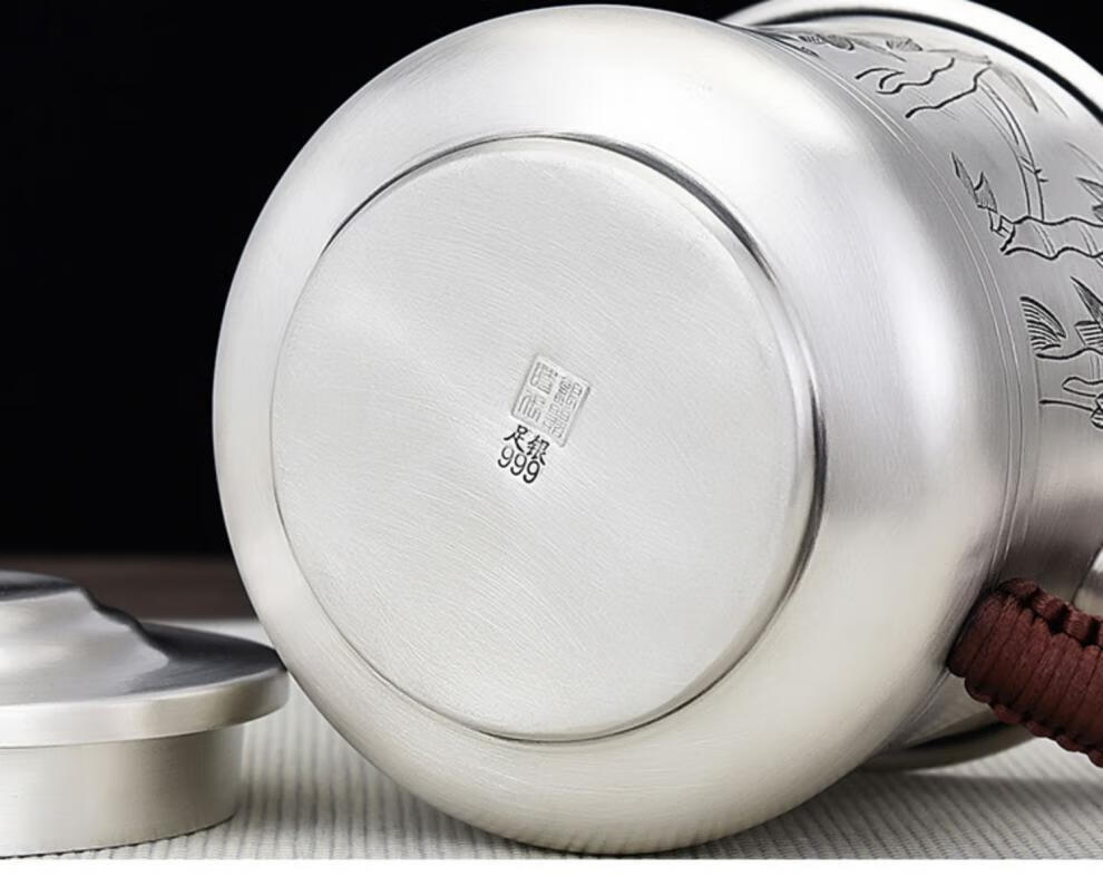 银器时代 纯银茶杯子999手工錾刻家用加大厚马克杯茶缸杯纯银茶具