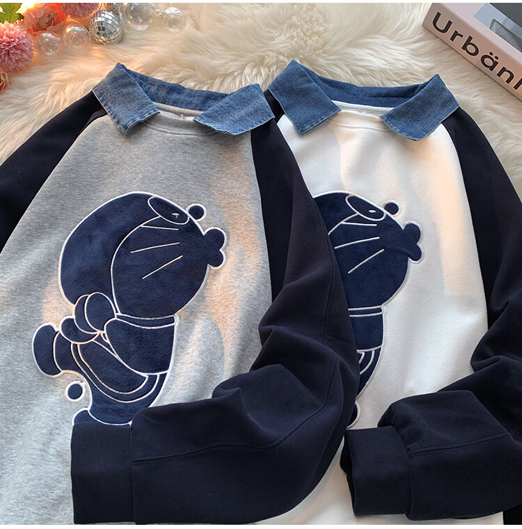 秋季男哆啦a梦卫衣哆啦a梦拼接牛仔vintage美式潮牌宽松情侣休闲高街