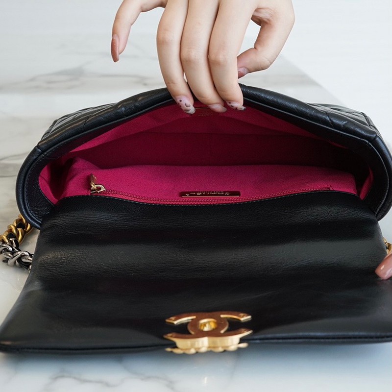 香奈儿chanel女包香奈儿19bag手袋黑色羊皮菱格翻盖包肩背包预售情人