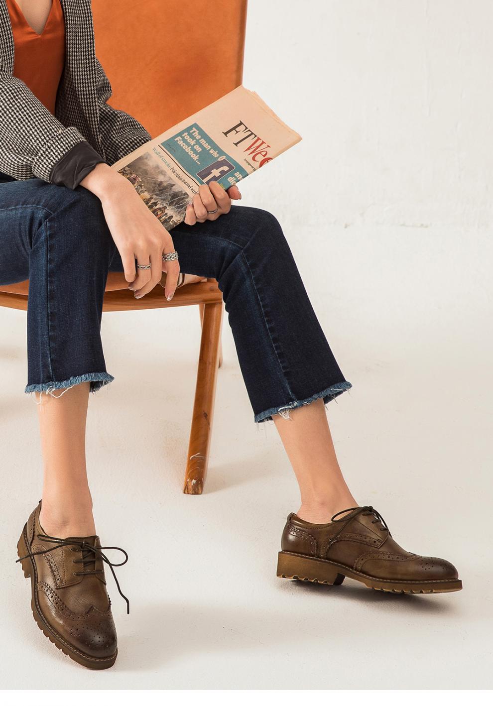 beautoday春秋季新款单鞋女鞋做旧布洛克牛津鞋女士复古英伦风小皮鞋