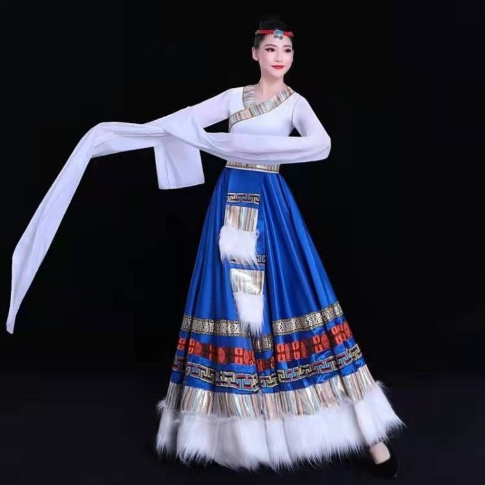 dicify新品藏服 女装新款藏族蒙古舞蹈裙练习练功舞台演出服水袖长裙