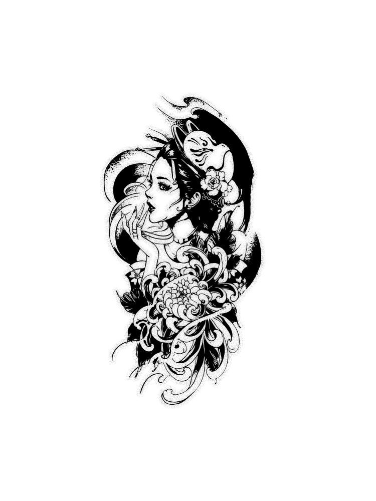 花臂逼真洗不掉草本刺青色艺般若纹身贴果汁不反光半女纹身 面具艺伎