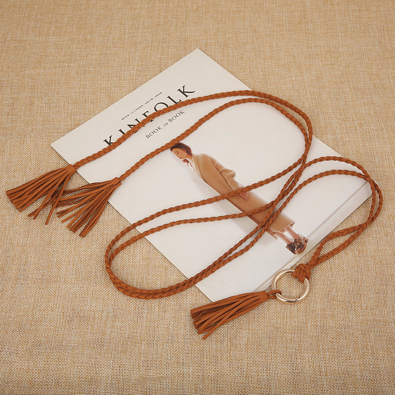 编织圆扣流苏细腰绳加长大码百搭简约装饰黑色连衣裙女士腰带黑色三花