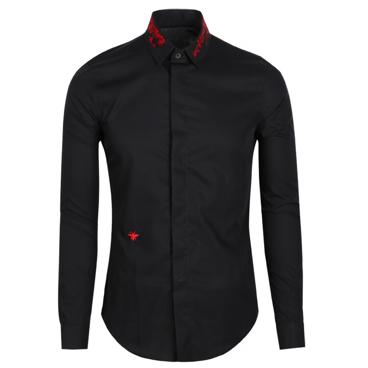 轻奢高端英伦经典色彩刺绣小蜜蜂长袖衬衫男士黑白色时尚修身商务上衣