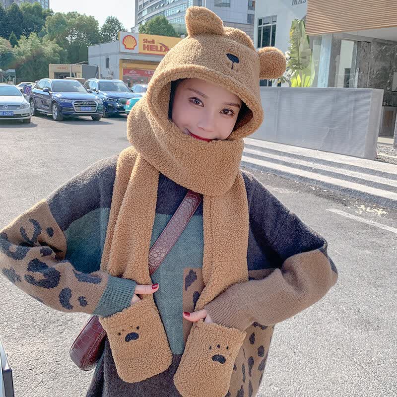 玛拉米新品小熊护耳朵帽子小熊护耳朵帽子女秋冬季可爱抖音网红围巾连