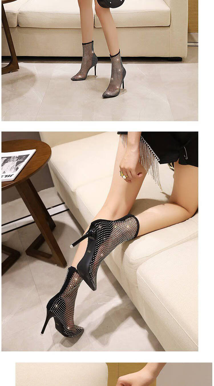 网红款blingbling水钻过膝长靴镂空渔网靴时尚细跟高跟鞋ins女鞋 黑色