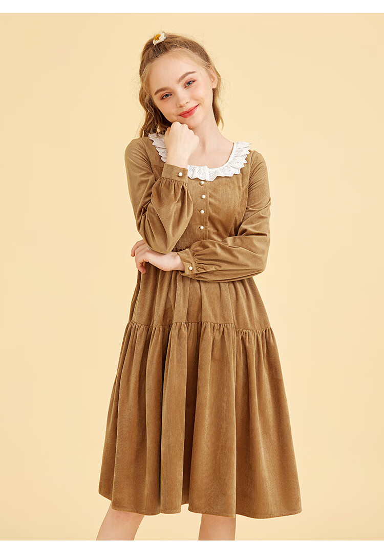 newlyocean连衣裙女2020冬季新款法式复古娃娃领天鹅绒高腰中长裙 棕