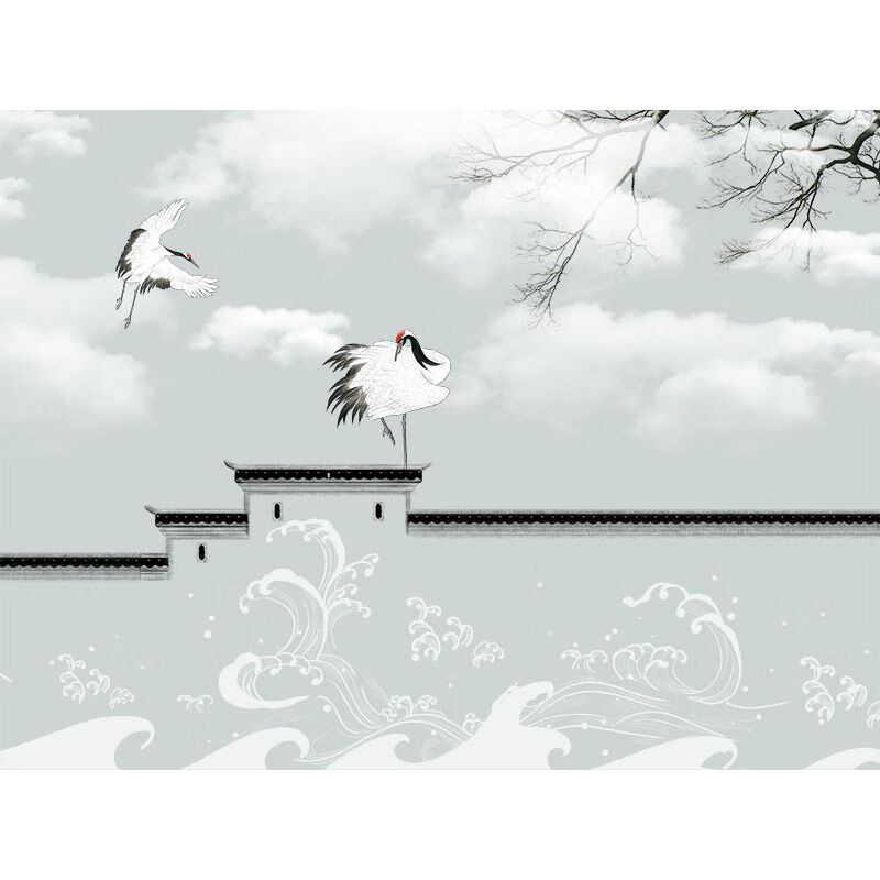 新中式立体屋檐仙鹤祥云壁纸现代简约中国风客厅书房电视背景墙纸无缝
