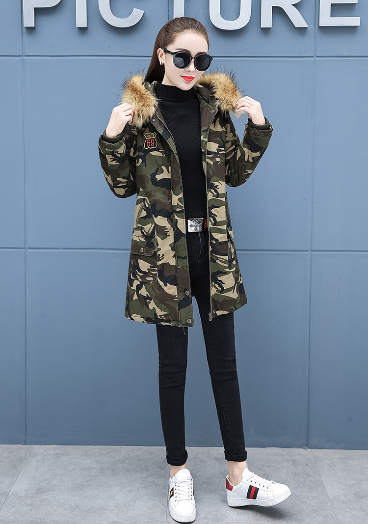 女士迷彩服棉大衣棉袄外套加绒加厚冬装中长款休闲棉服民族风迷彩中