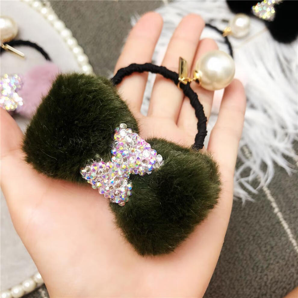 oeing 毛毛大蝴蝶结满钻仿珍珠橡皮筋 精美小清新毛绒发圈秋冬款发饰