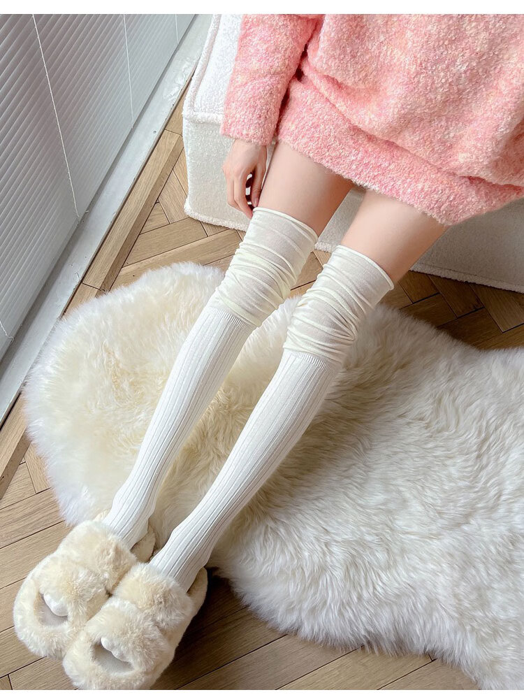 过膝袜秋冬奶白色过膝袜秋冬卡其色高筒袜女米色大腿袜日系拼接长筒袜