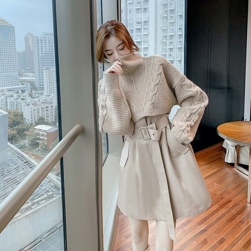 玉极虞秋冬季温柔系穿搭套装女2021新款港风复古针织毛衣连衣裙两潮