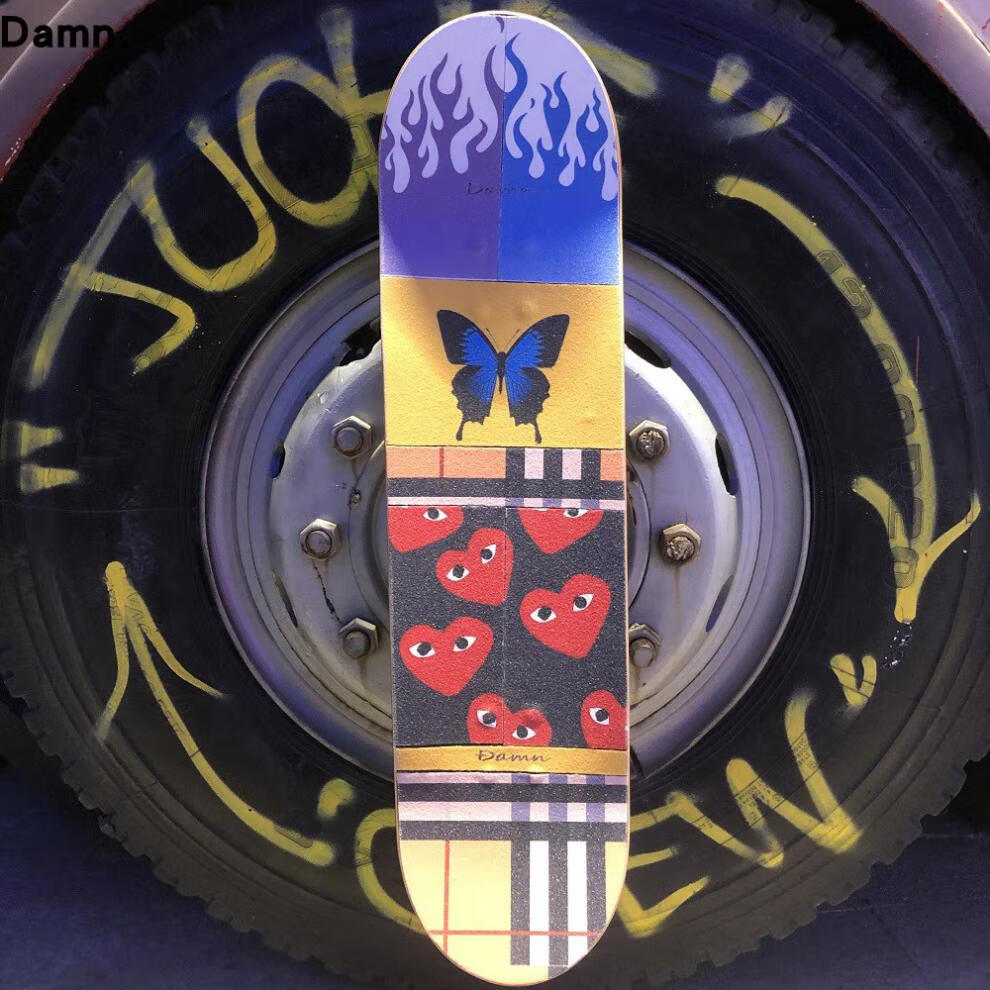 双翘滑板砂纸滑板砂纸ins同款蝴蝶玫瑰火影双翘长板气孔粗砂彩砂黑色