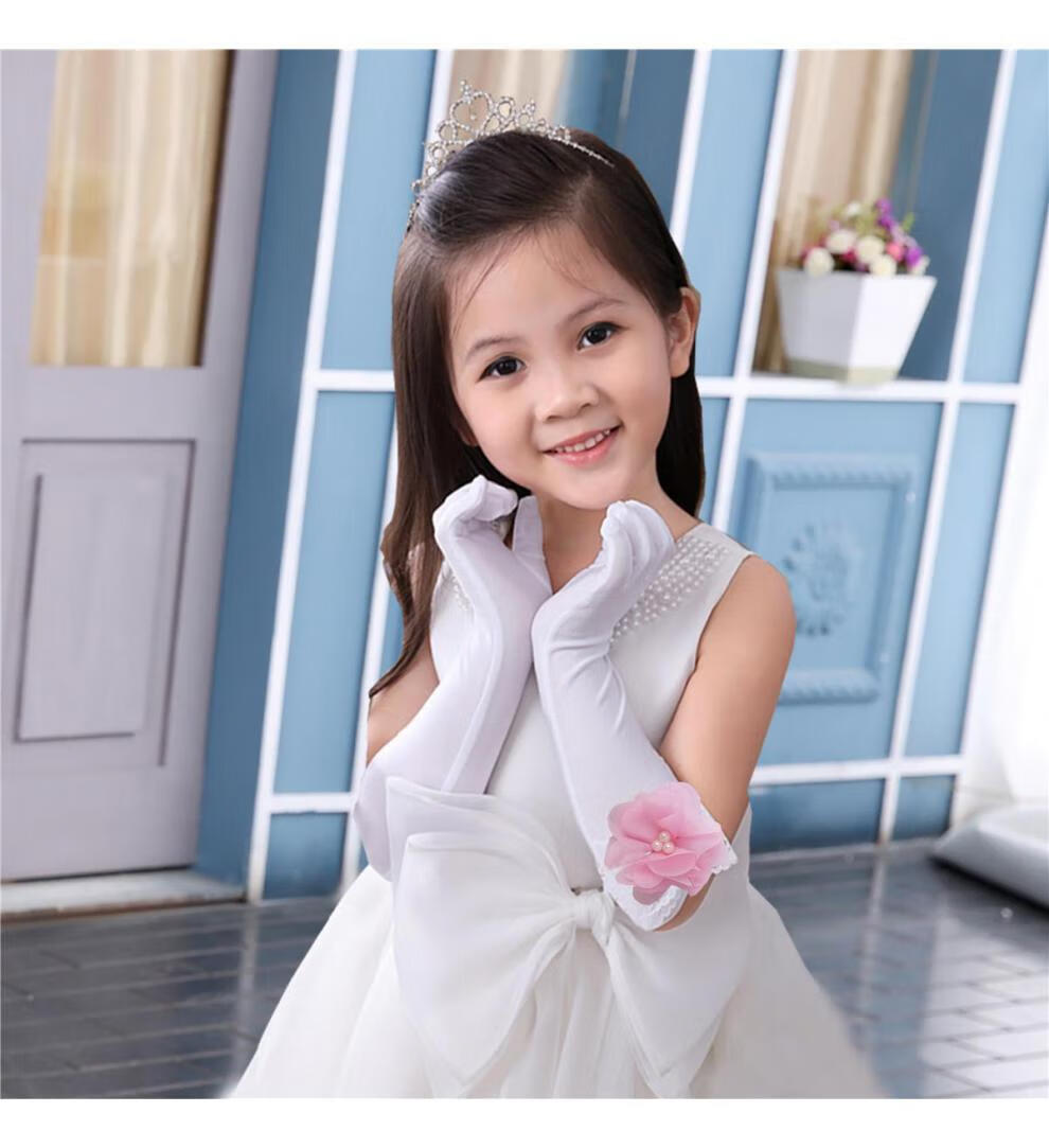 幼儿园演出白色长手套女童公主裙礼服舞蹈礼仪小孩手长蕾丝蝴蝶结49岁