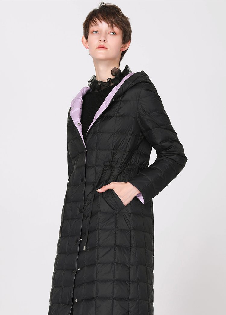 商场同款马天奴2021秋冬新款紫黑撞色连帽绗缝抽绳白鸭绒羽绒服保暖