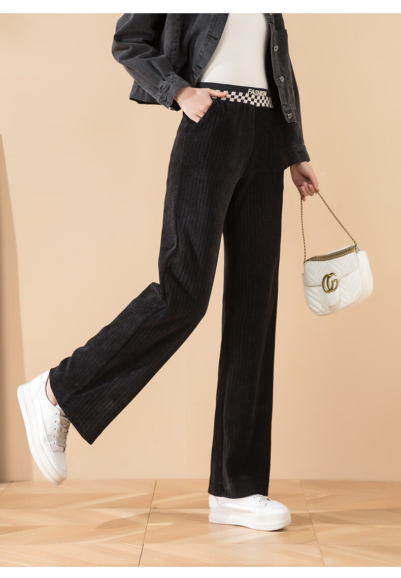 梦舒雅松紧腰雪尼尔阔腿裤女冬季新款高腰显瘦休闲直筒裤米白色长裤