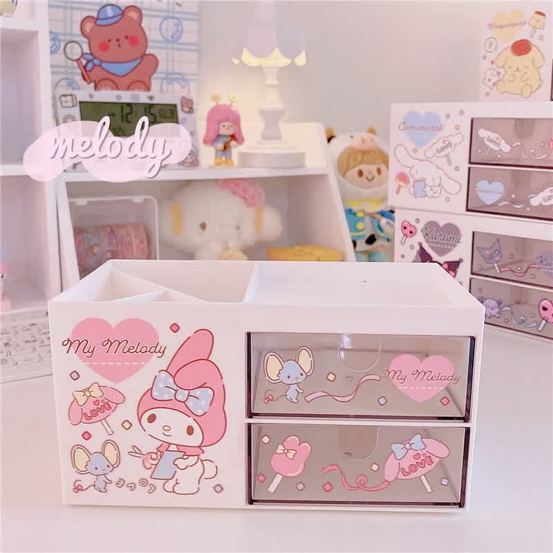 少女心库洛米玉桂狗大耳狗美乐蒂桌面收纳盒双层抽屉整理文具杂物美乐