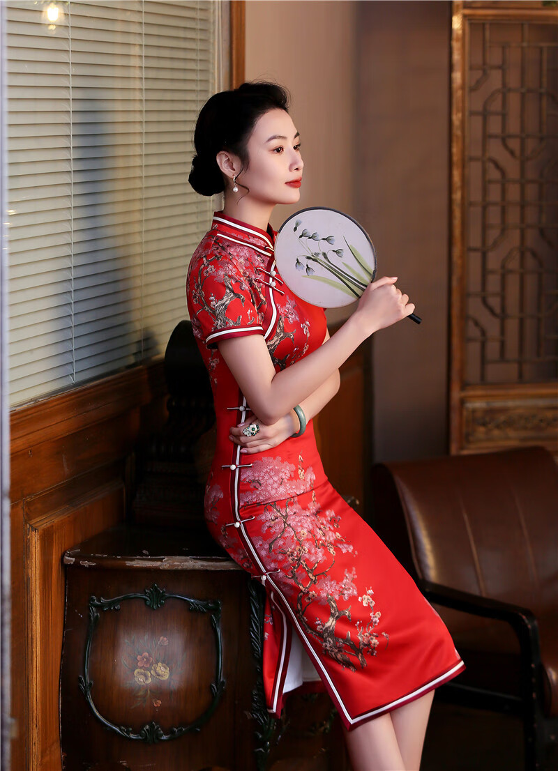 qiyun轻奢品牌女装 复古真丝旗袍女2020夏季新款大码高腰中国风妈妈装