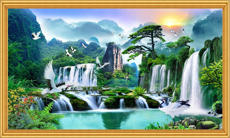 多美莱8d中式电视背景墙壁纸5d客厅山水风景画墙纸墙布立体壁画迎客松