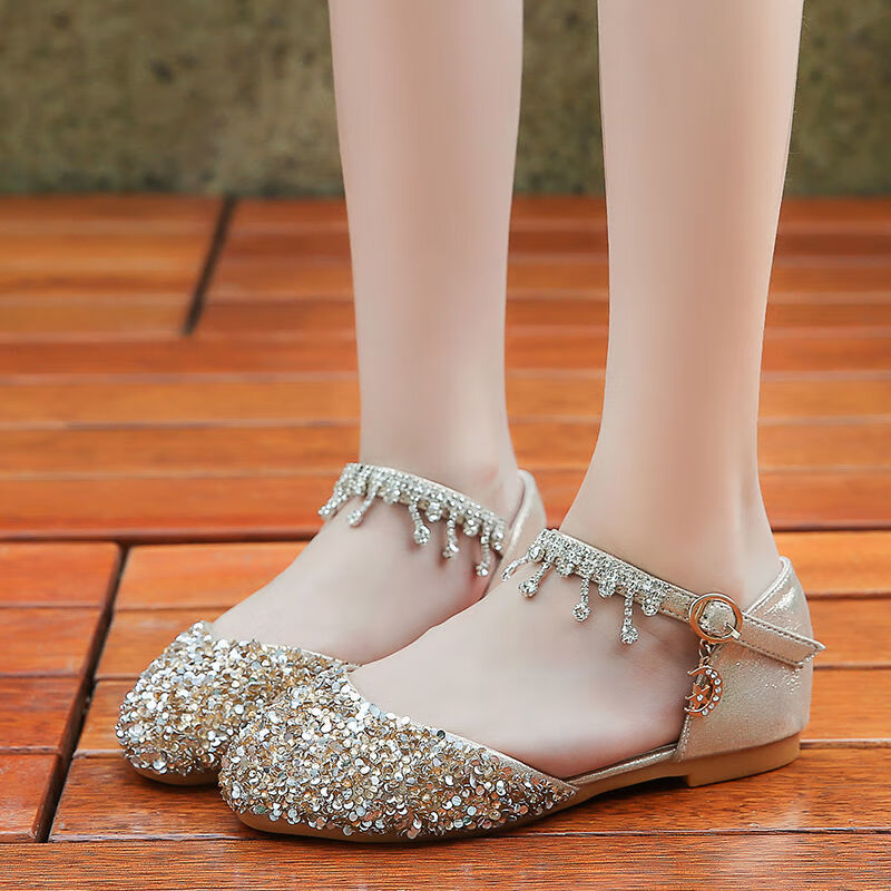 公主鞋小女孩钢琴演出礼服走秀皮鞋银色花童高跟儿童单鞋皇冠金粉31脚