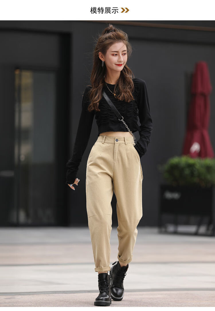 莎芡卡其色休闲裤女潮流时尚简约高腰纯色直筒裤小个子萝卜裤卡其色30