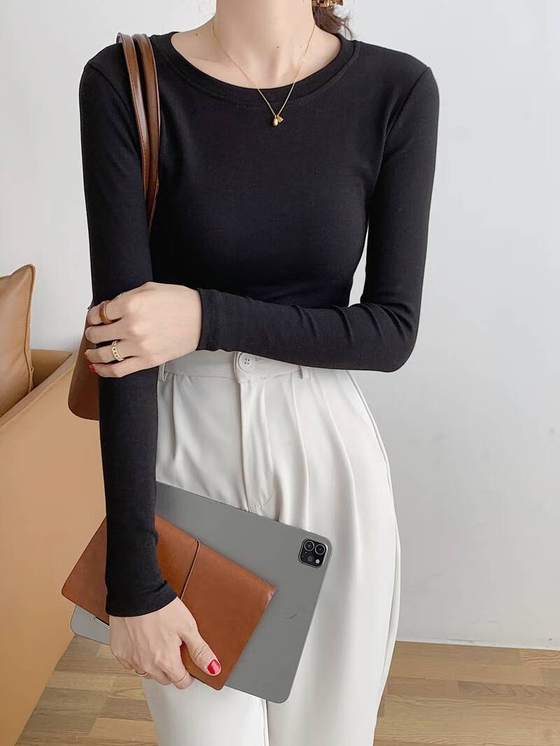 圆领衫女春秋冬白色紧身纯棉加厚磨毛t恤女叠穿长袖秋冬季女式百搭