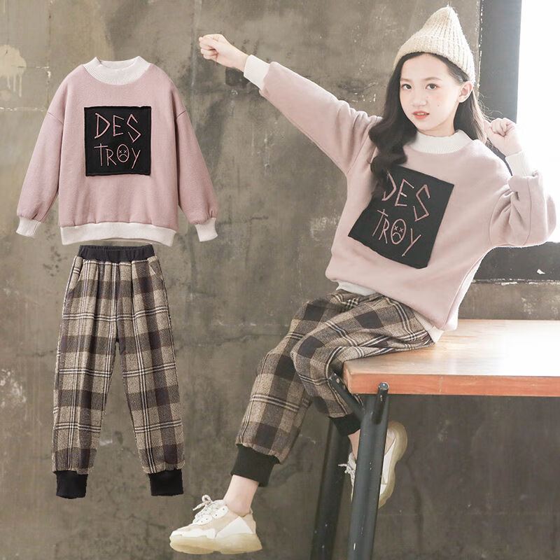 11岁女孩秋冬季运动两件套豆绿色衣服裤子加绒加厚150建议身高1米4