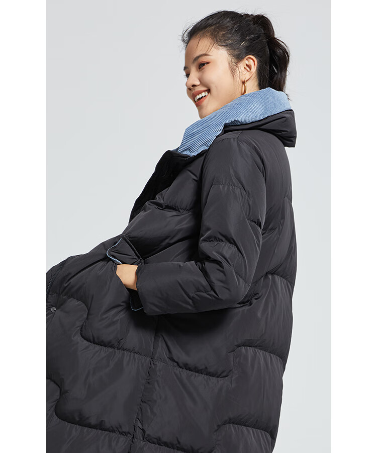 eral/艾莱依2020秋冬新款a型简约羽绒服女立领过膝保暖长款外套 炭黑