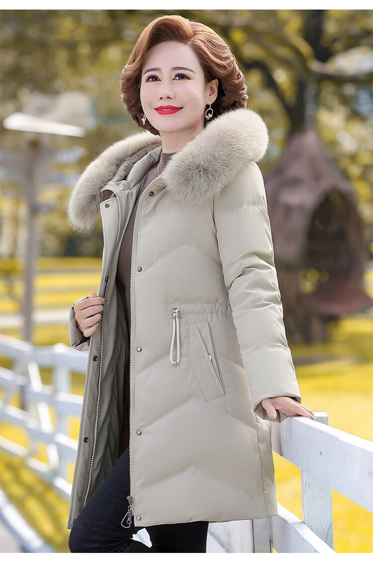 2021新款羽绒服女士冬季中长款加厚抽绳连帽带毛领时尚卡其色xl