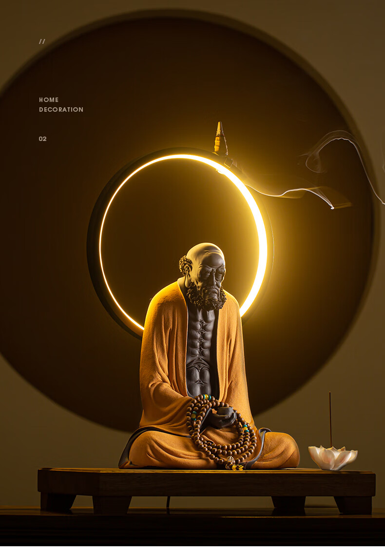 摆件家居客厅桌面禅意佛像玄关人物摆设装饰品单达摩悟禅彩砂黄色plq