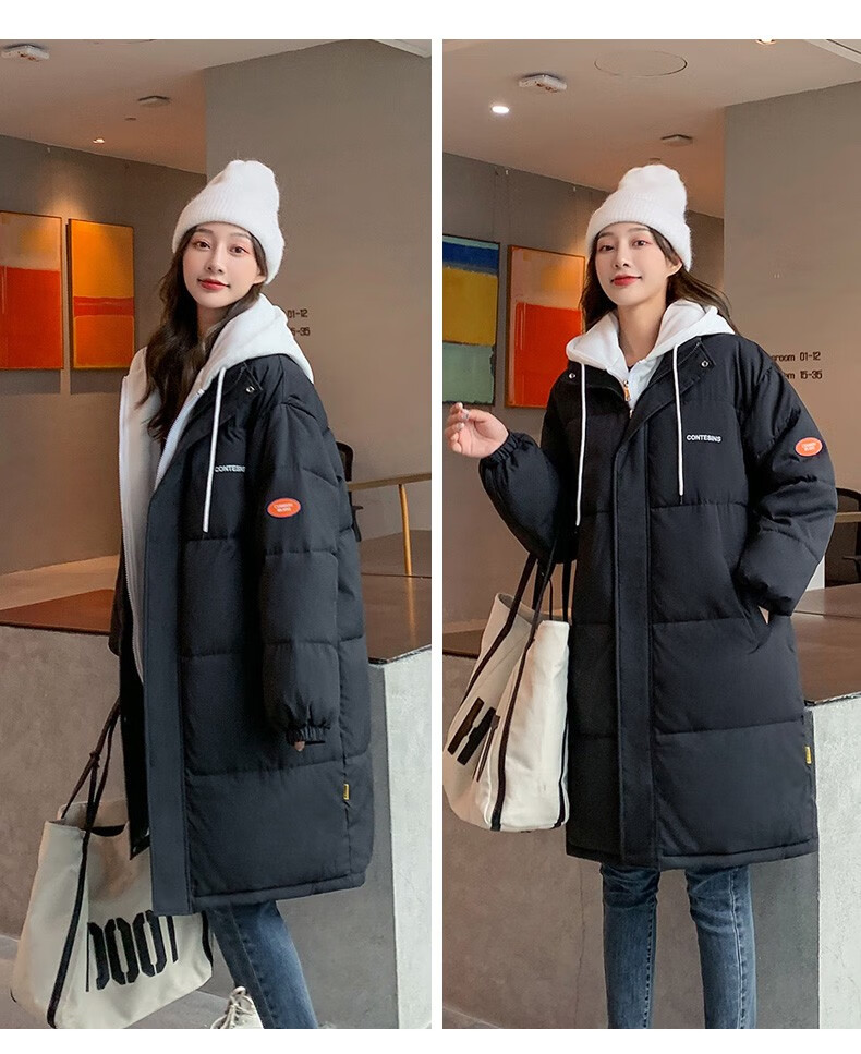 105923-拉夏贝尔棉服女中长款2021年新款假两件保暖面包服女冬装棉衣 黑色 M-详情图