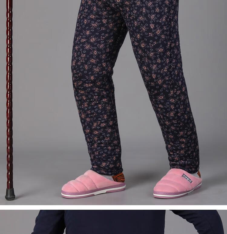 驼绒棉裤老人加肥加大码内穿宽松棉裤老奶奶居家高腰加绒保暖裤蓝花