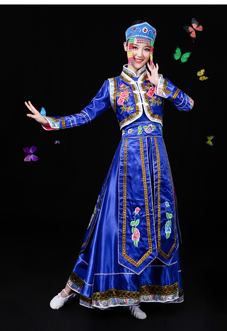 津谨岸蒙古族女装演出服内蒙古舞蹈服装蒙古袍少数民族表演冬季蓝色xs