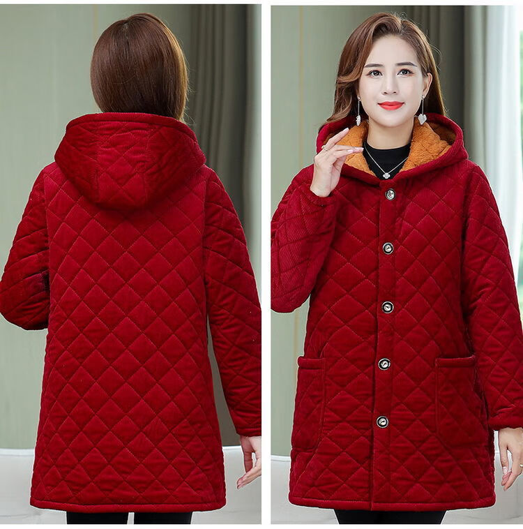 老年棉衣女冬中长款时尚加绒加厚罩衣妈妈保暖外套奶奶棉袄红色条纹