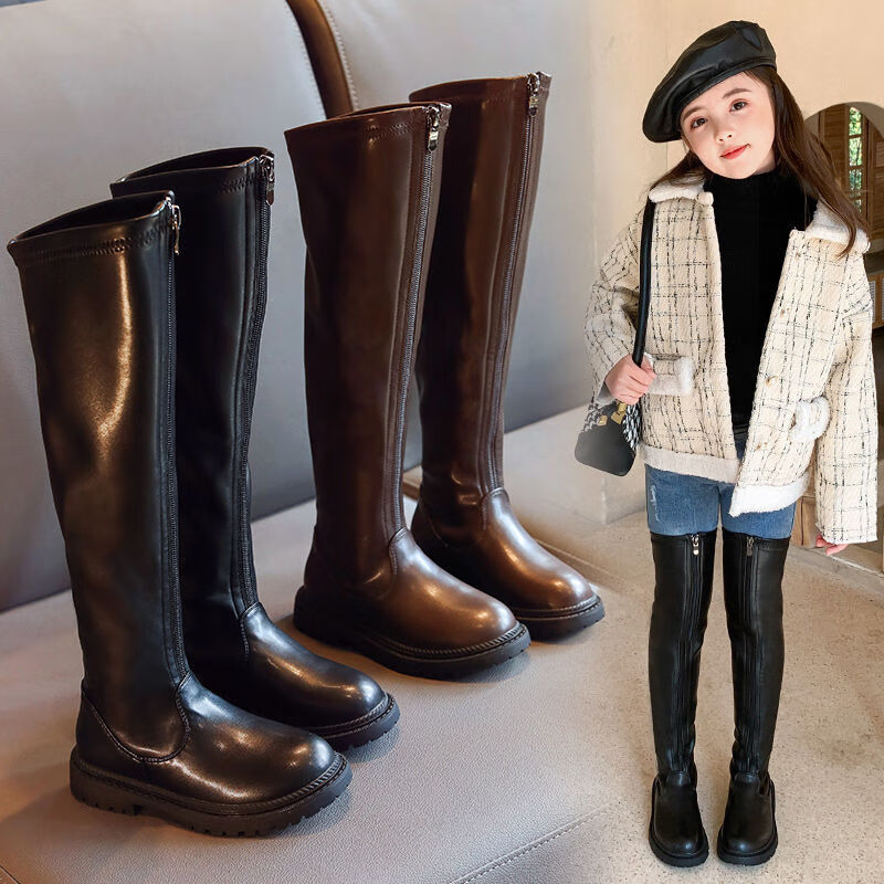 卡傲臻女童靴子过膝长靴2021秋冬季新款时尚长筒皮靴加绒鞋子儿童高筒