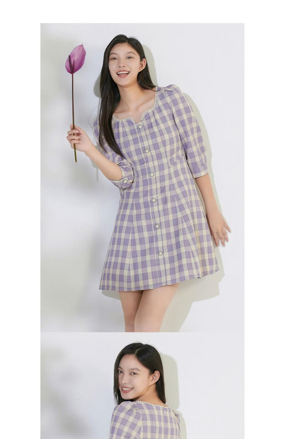 阿依莲2022年秋装新款格子显瘦收腰修身连衣裙法式裙子格纹短裙 紫色