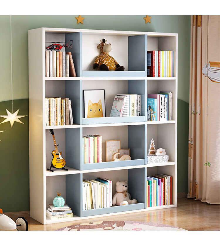 书架落地靠墙家用格子书柜现代简约客厅学生房间全实木置物架 (蓝白色