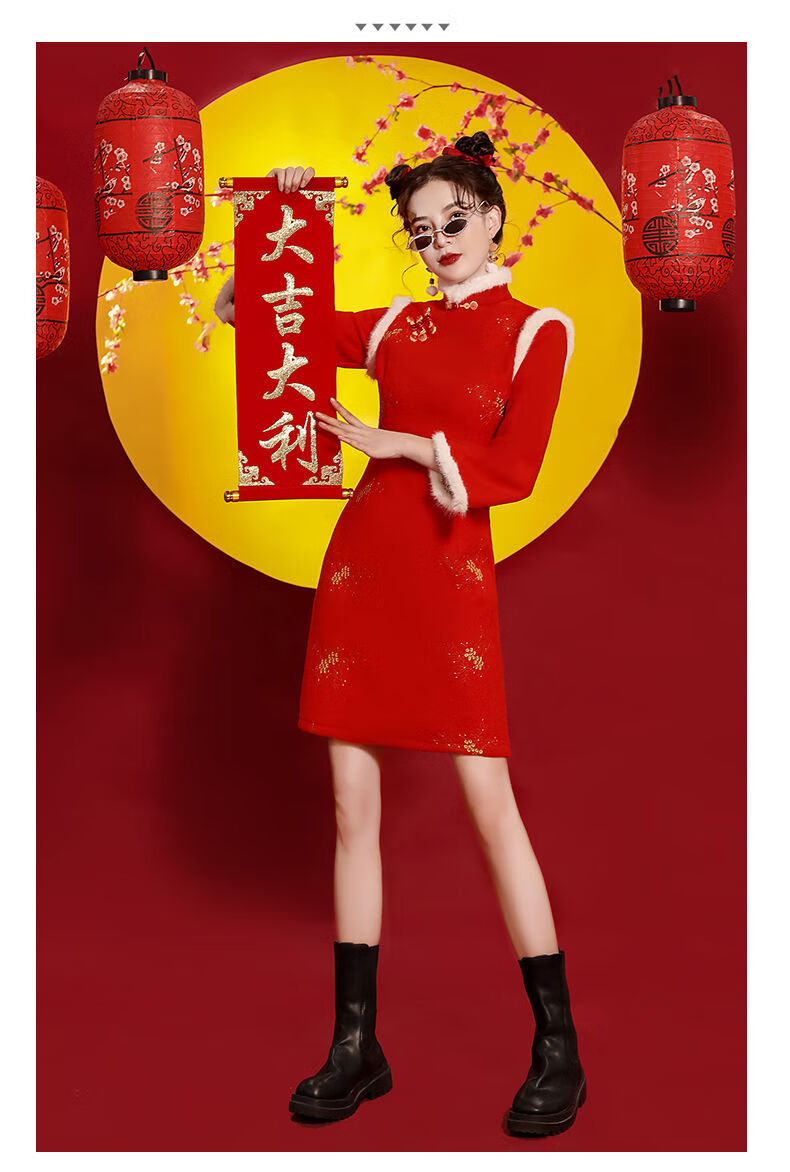 拜年服成人红色旗袍冬季冬款加厚改良短款过年小袄大人新年拜年服女装