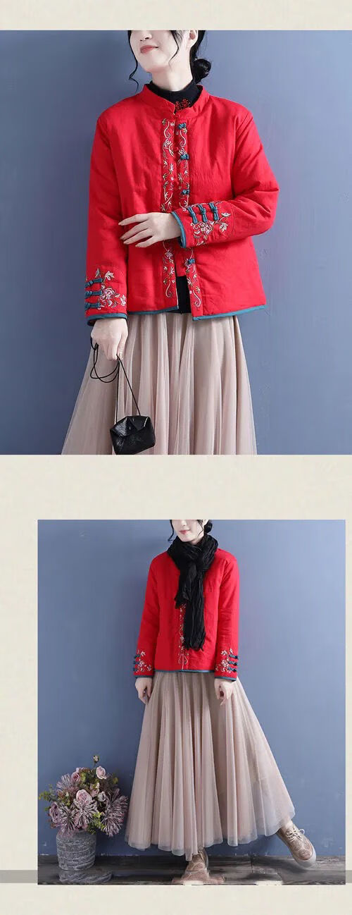 加厚唐装棉袄冬新款中国风棉麻绣花棉服女复古盘扣立领对襟棉衣中式厚